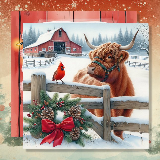 Festive Highland Cow och kardinal God Jul Julkort (Skapare uppladdad)