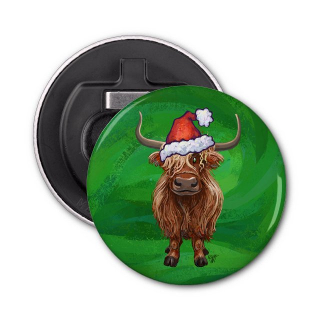 Festive Highland Cow på Grönt Flasköppnare (Framsidan)