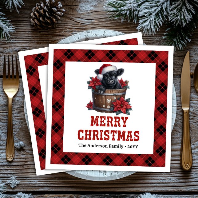 Festive highland cow red black tartan napkins pappersservett (Festive highland cow red black tartan napkin)