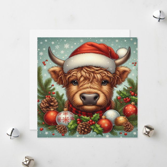 Festive Highland Cow Wearing Santa Hat Julkort (Fram/Back In Situ)