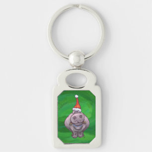 Festive Hippo på Grönt Rektangulärt Silverfärgad Nyckelring