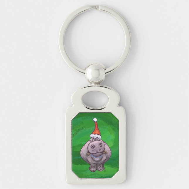 Festive Hippo på Grönt Rektangulärt Silverfärgad Nyckelring (Framsidan)