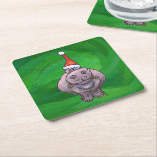 Festive Hippo på Grönt Underlägg Papper Kvadrat