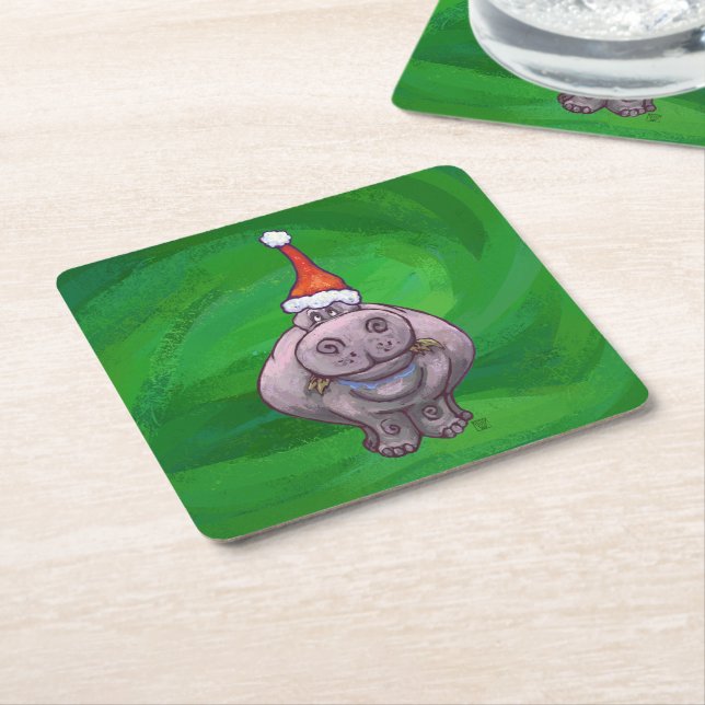 Festive Hippo på Grönt Underlägg Papper Kvadrat (Vinklad)