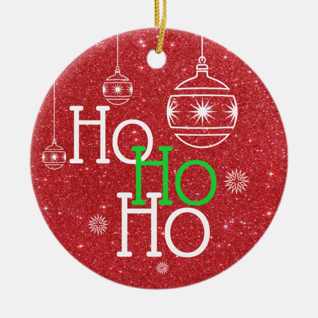 Festive Ho Ho Ho på röd glitter-bakgrund Julgransprydnad Keramik (Framsidan)