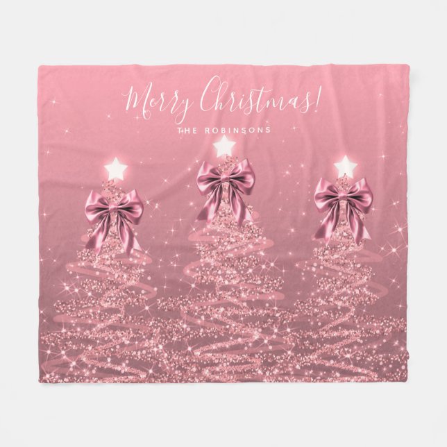 Festive Holiday Blush Pink Christmas Trees Bows Fleecefilt (Framsidan (Horisontell))