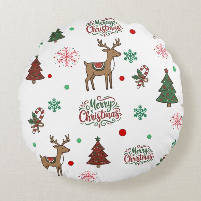 Festive Holiday Cartoon Reindeer Red Green Throw P Rund Kudde (Framsidan)