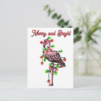 Festive holiday Flamingo red green Xmas lights Vykort