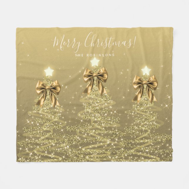 Festive Holiday Gold Christmas Trees w/ Bows Fleecefilt (Framsidan (Horisontell))