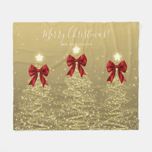 Festive Holiday Gold Christmas Trees w/ Red Bows Fleecefilt (Framsidan (Horisontell))