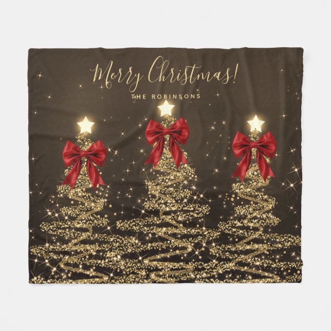 Festive Holiday Gold Christmas Trees w/ Red Bows Fleecefilt (Framsidan (Horisontell))