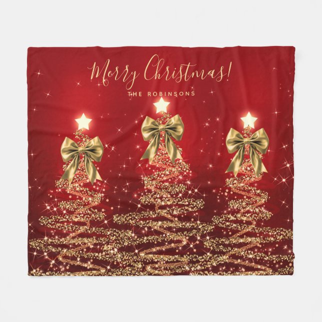 Festive Holiday Gold Red Christmas Trees w/ Bows Fleecefilt (Framsidan (Horisontell))
