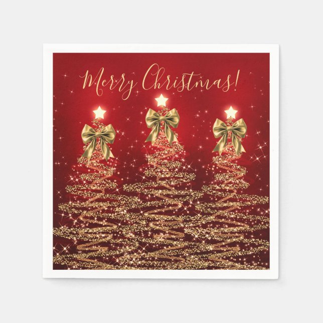 Festive Holiday Gold Red Christmas Trees w/ Bows Pappersservett (Framsidan)
