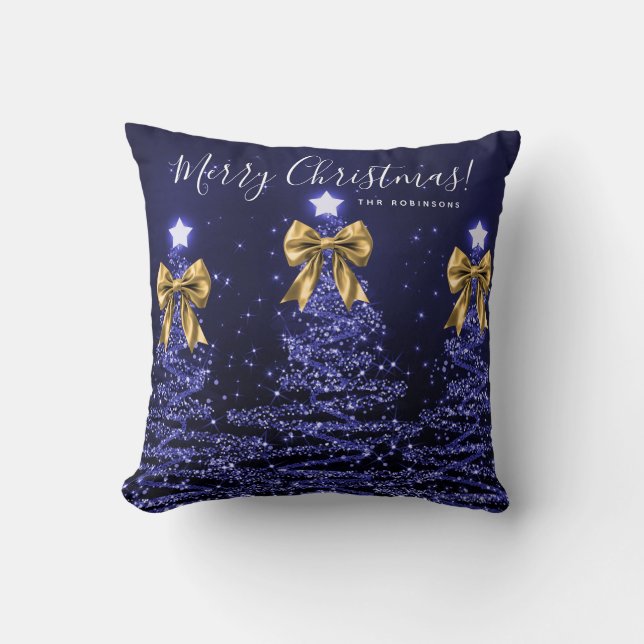 Festive Holiday Navy Christmas Trees Name Gold  Kudde (Framsida)