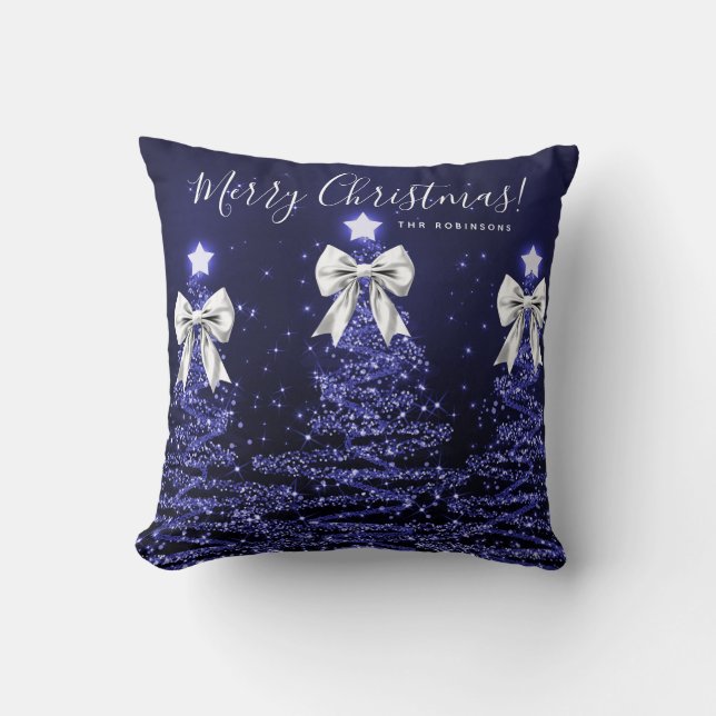Festive Holiday Navy Christmas Trees Name Silver Kudde (Framsida)