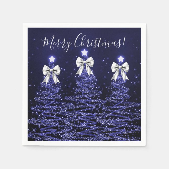 Festive Holiday Navy Christmas Trees Silver Bows Pappersservett (Framsidan)