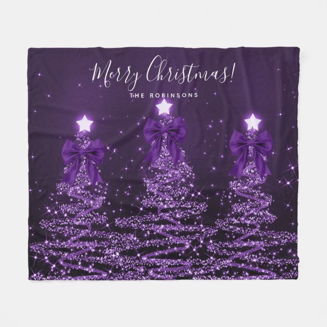 Festive Holiday Purple Christmas Trees Bows Fleecefilt (Framsidan (Horisontell))