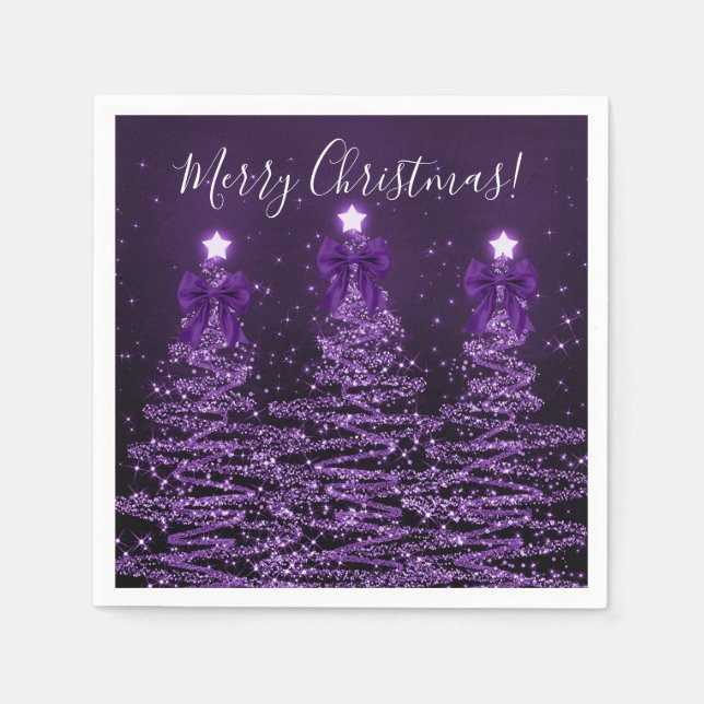 Festive Holiday Purple Christmas Trees Bows Pappersservett (Framsidan)