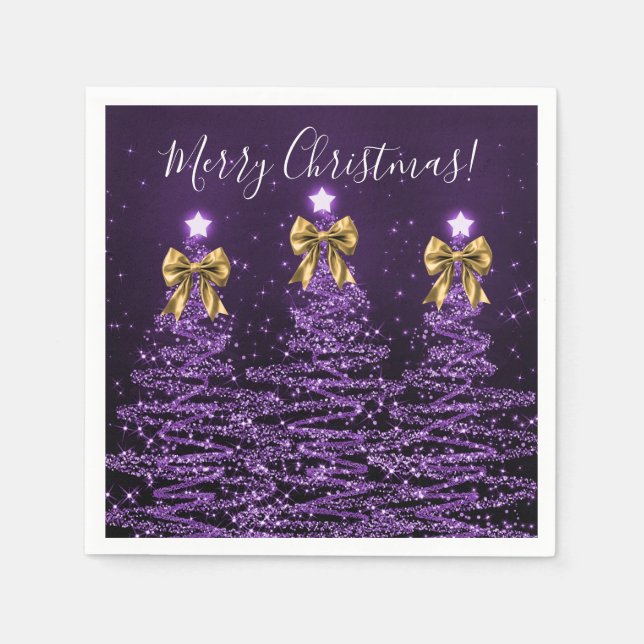 Festive Holiday Purple Christmas Trees Gold Bows Pappersservett (Framsidan)