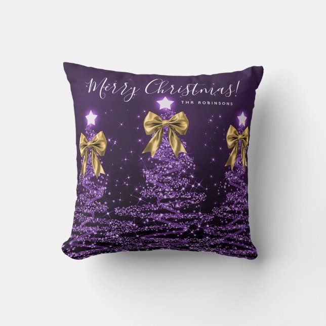 Festive Holiday Purple Christmas Trees Name Gold  Kudde (Framsida)