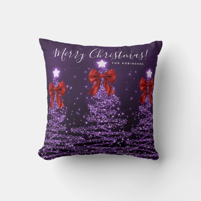 Festive Holiday Purple Christmas Trees Name Red  Kudde (Framsida)