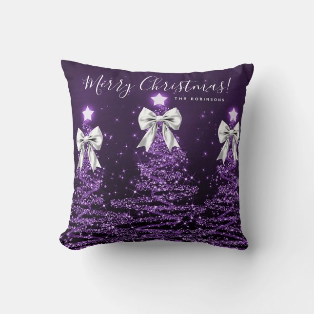 Festive Holiday Purple Christmas Trees Name Silver Kudde (Framsida)