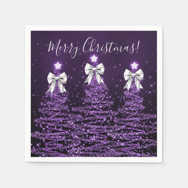 Festive Holiday Purple Christmas Trees Silver Bows Pappersservett (Framsidan)