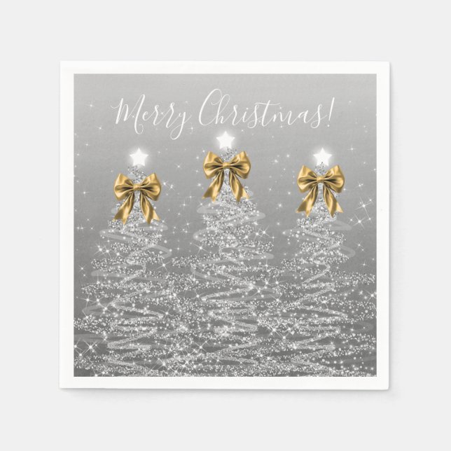 Festive Holiday Silver Christmas Trees Gold Bows Pappersservett (Framsidan)