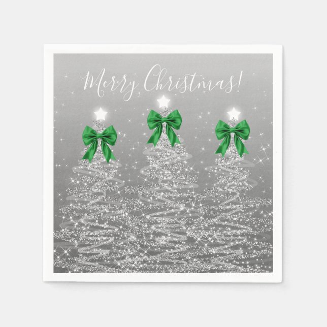 Festive Holiday Silver Christmas Trees Green Bows Pappersservett (Framsidan)