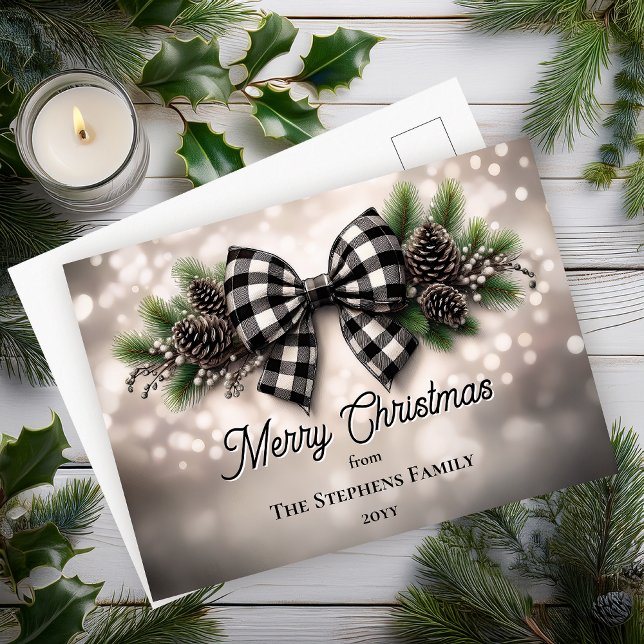 Festive Holiday Wreath Merry Christmas Non-Photo Helg Vykort (Festive Holiday Wreath with Black | White Check Coquette Bow "Merry Christmas" Postcard)