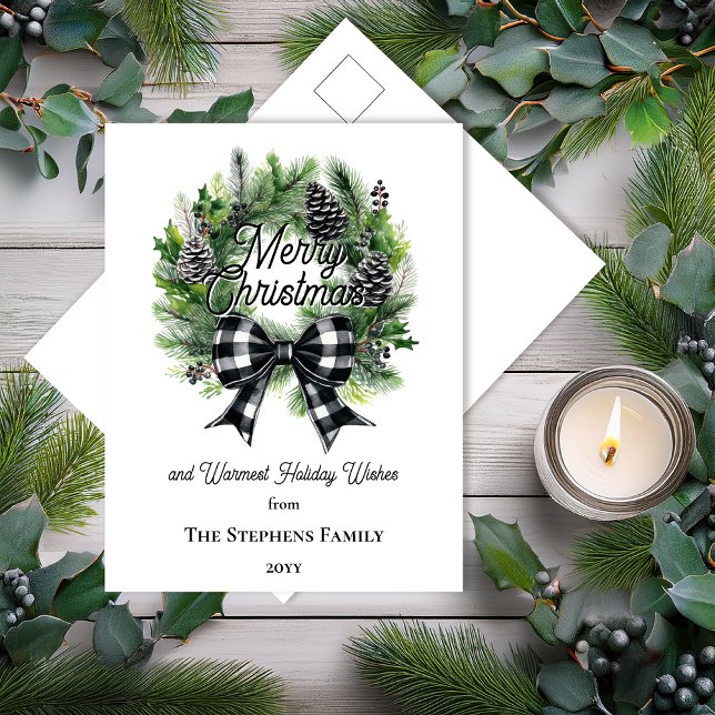 Festive Holiday Wreath Merry Christmas Non-Photo Helg Vykort (Festive Holiday Wreath with Black | White Check Coquette Bow "Merry Christmas" Postcard)