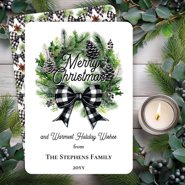 Festive Holiday Wreath Merry Christmas Non-Photo Julkort (Festive Holiday Wreath with Black | White Check Coquette Bow "Merry Christmas" Flat Card)