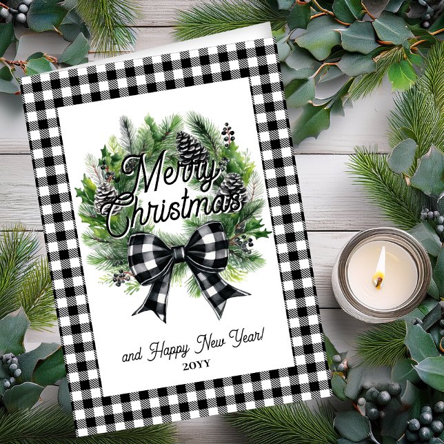 Festive Holiday Wreath Merry Christmas Non-Photo Kort (Festive Holiday Wreath with Black | White Check Coquette Bow "Merry Christmas" Holiday Folded Card)