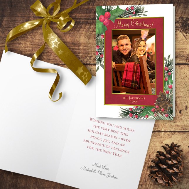 Festive Holly Berries & Gräs God jul Photo Helgkort (In Situ Front/Open)