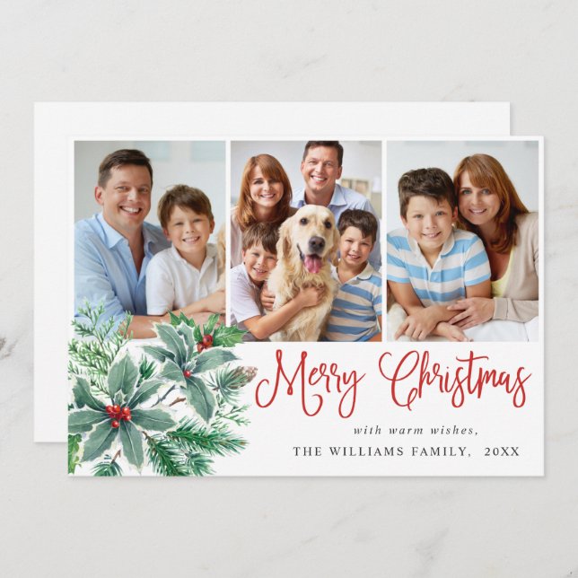 Festive Holly Berry 3 PHOTO-jul Hälsning Julkort (Fram/baksida)
