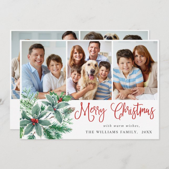 Festive Holly Berry 5 PHOTO-jul Hälsning Julkort (Fram/baksida)