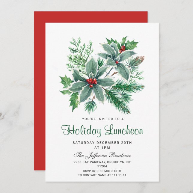 Festive Holly Berry Jul Helgdag Luncheon Inbjudningar (Fram/baksida)