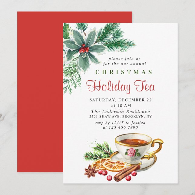 Festive Holly Berry jul Helgdag Tea Party Inbjudningar (Fram/baksida)
