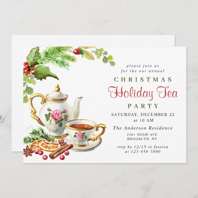 Festive Holly Berry jul Helgdag Tea Party Inbjudningar (Fram/baksida)