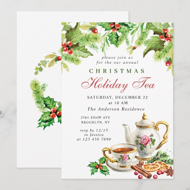 Festive Holly Berry jul Helgdag Tea Party Inbjudningar (Fram/baksida)