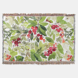 Festive Holly Berry och Evergreen Watercolor Filt
