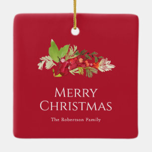 Festive Holly Berry och Evergreen Watercolor Julgransprydnad Keramik