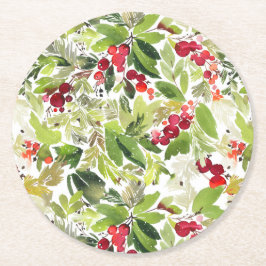 Festive Holly Berry och Evergreen Watercolor Underlägg Papper Rund