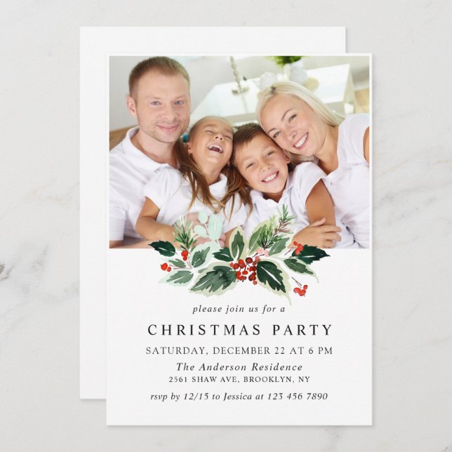 Festive Holly Berry PHOTO Helgdag jul Party Inbjudningar (Fram/baksida)