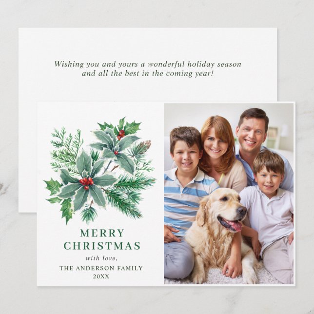 Festive Holly Berry PHOTO-jul Hälsning Julkort (Fram/baksida)