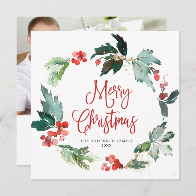 Festive Holly Berry Wandejul PHOTO Helgdag Julkort (Fram/baksida)