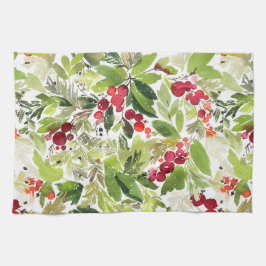 Festive Holly Berry Watercolor Kökshandduk