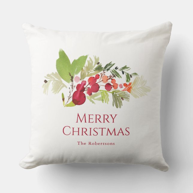 Festive Holly Berry Watercolor Kudde (Framsida)