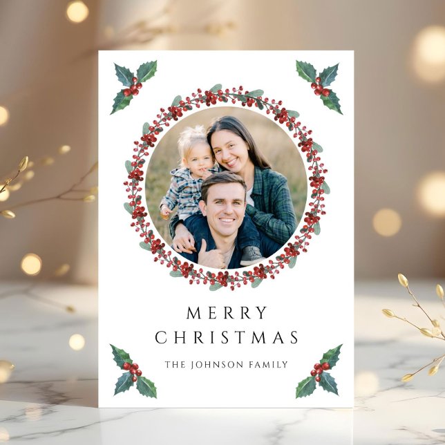 Festive Holly Botanical Greenery Photo-jul Julkort (Festive Holly Botanical Greenery Photo Christmas Holiday Card)