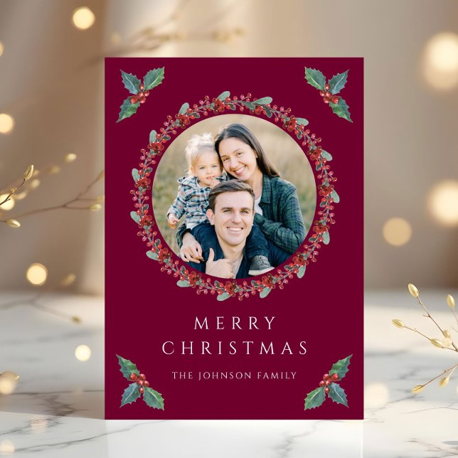 Festive Holly Botanical Greenery Photo-jul Julkort (Festive Holly Botanical Greenery Photo Christmas Holiday Card)